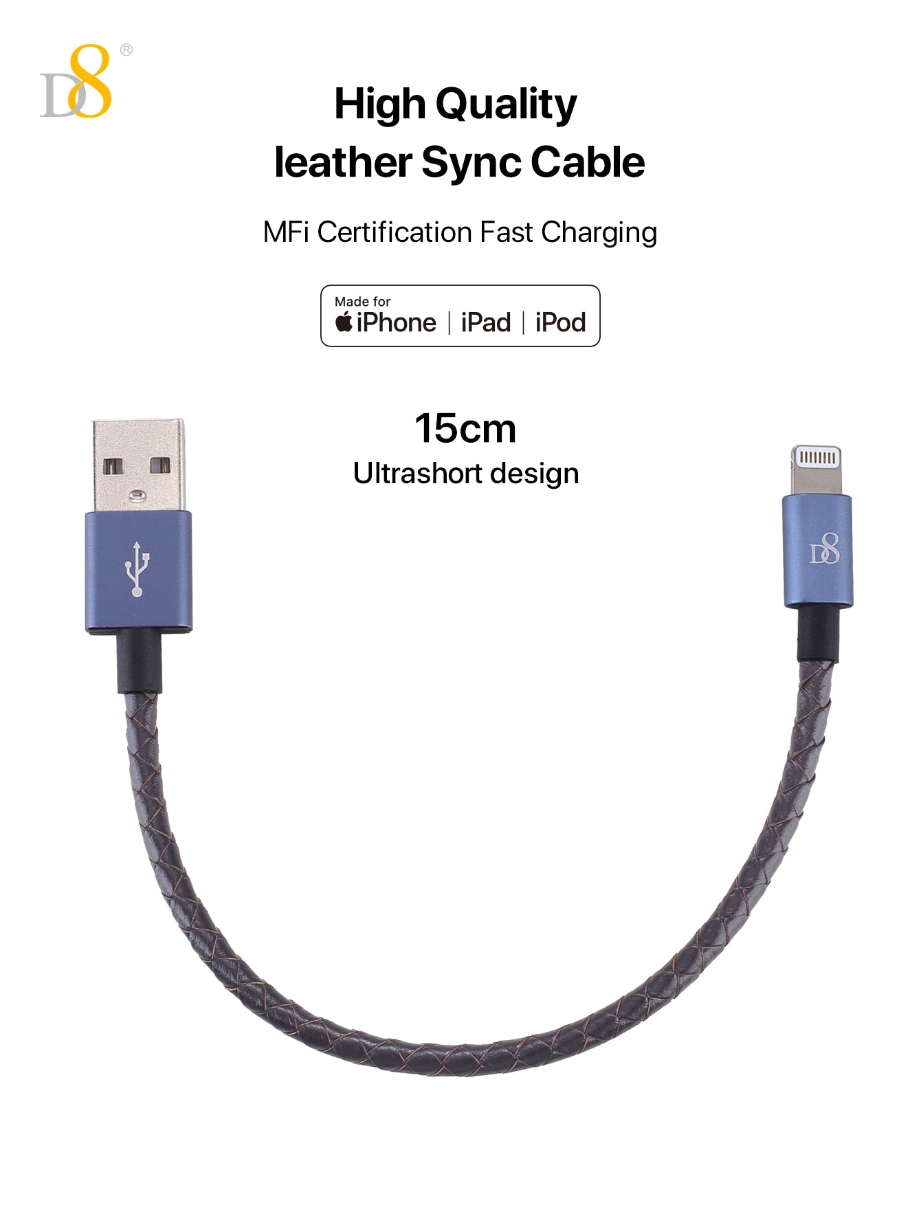 D8 MFi 인증 천연 가죽 Lightning to USB 충전 케이블 Apple 공식 인증 · 프리미엄 가죽 마감 · 빠른 충전 & 데이터 전송