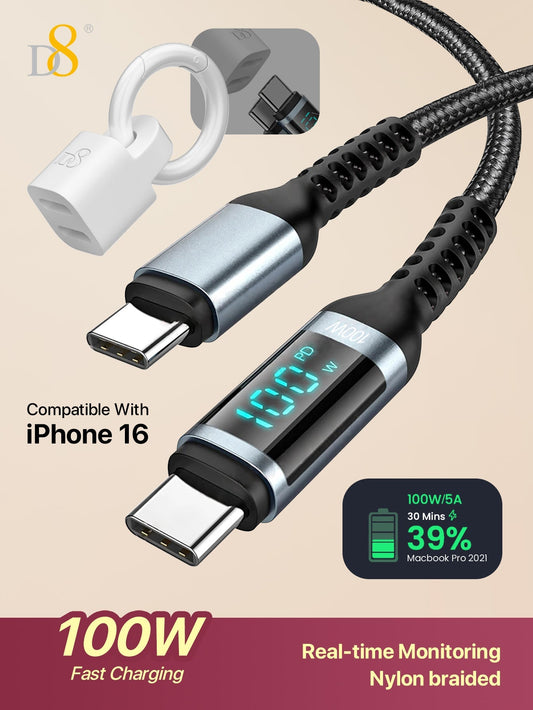 D8 USB-C 고속 충전 케이블 1.2m | 최대 100W / 5A 고속충전 | LED 전력 디스플레이 | 나일론 편조 | iPhone & Samsung 호환