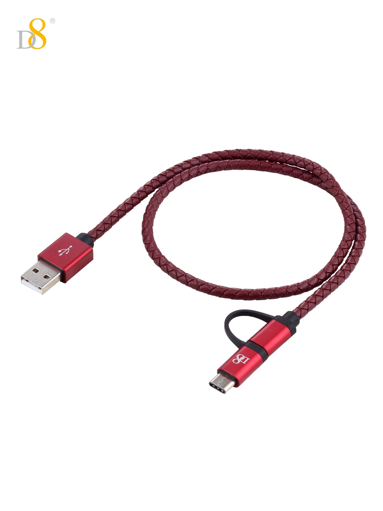 D8 2-in-1 마이크로 & USB-C 충전 케이블 고급 PU 가죽 & 알루미늄 디자인 | 다기능 고속 충전 솔루션