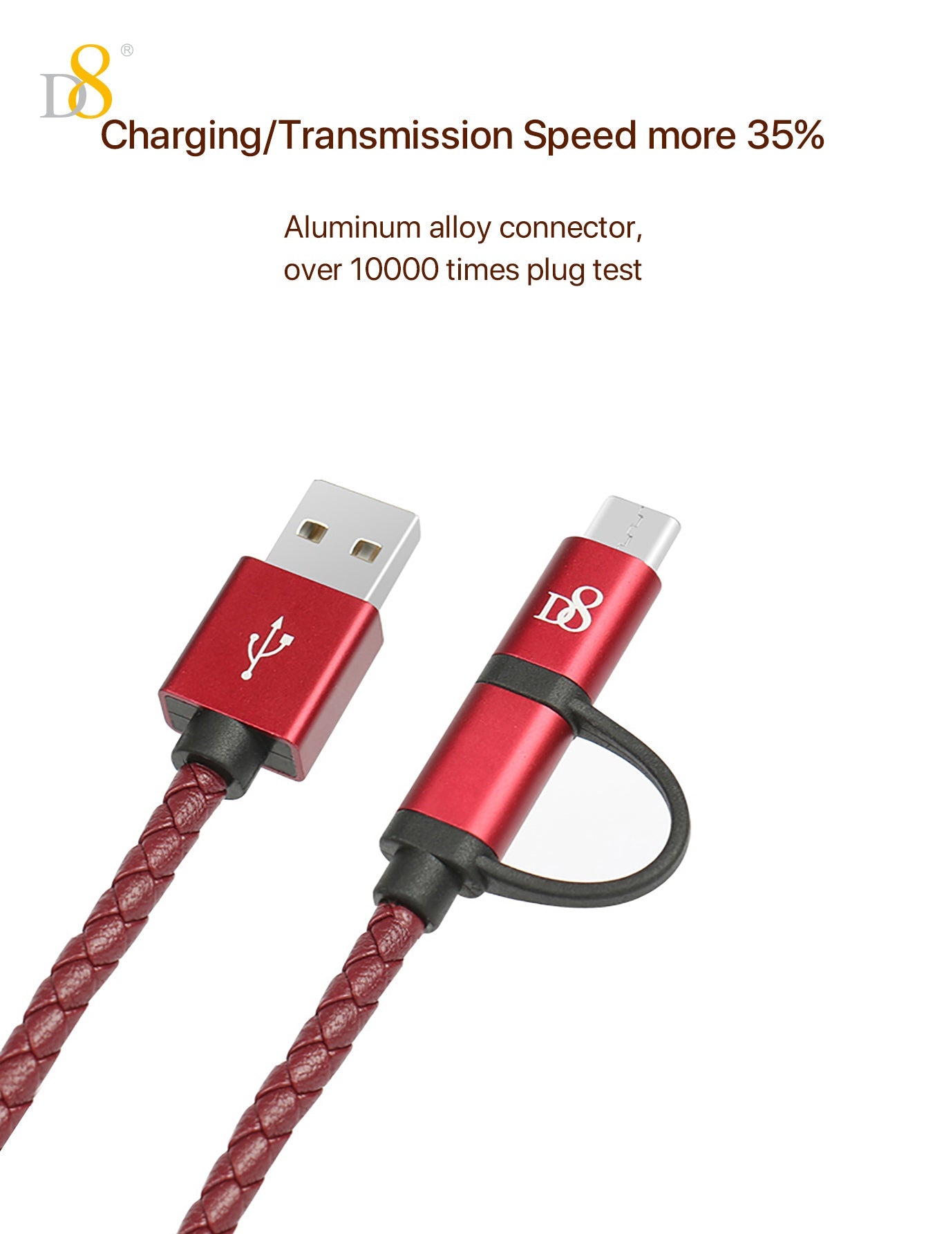 D8 2-in-1 마이크로 & USB-C 충전 케이블 고급 PU 가죽 & 알루미늄 디자인 | 다기능 고속 충전 솔루션