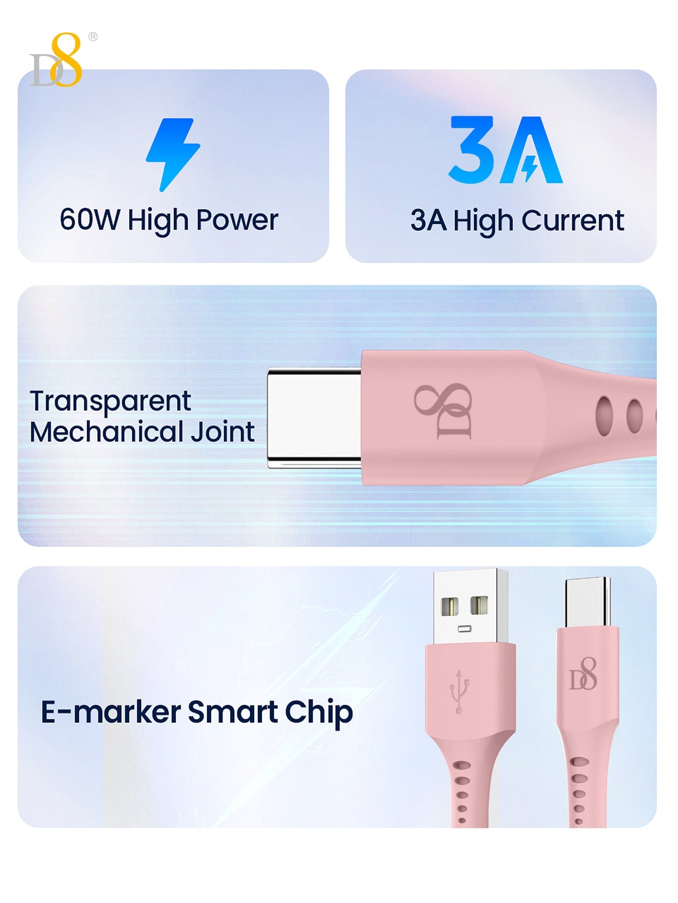 D8 USB-C 실리콘 충전 케이블 (3.3FT) 3A 고속충전 | 부드러운 실리콘 소재 | USB-A to USB-C | 폭넓은 호환성