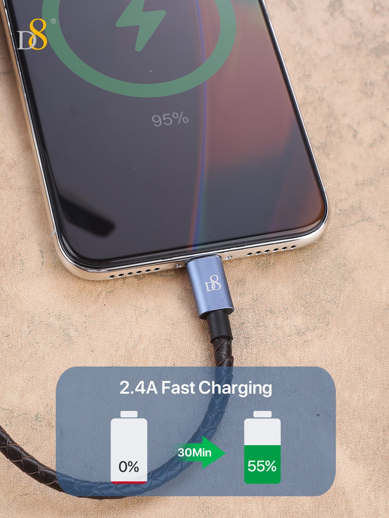 D8 MFi 인증 천연 가죽 Lightning to USB 충전 케이블 Apple 공식 인증 · 프리미엄 가죽 마감 · 빠른 충전 & 데이터 전송