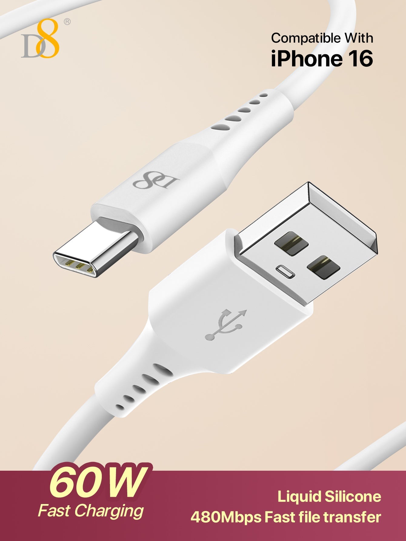 D8 USB-C 실리콘 충전 케이블 (3.3FT) 3A 고속충전 | 부드러운 실리콘 소재 | USB-A to USB-C | 폭넓은 호환성