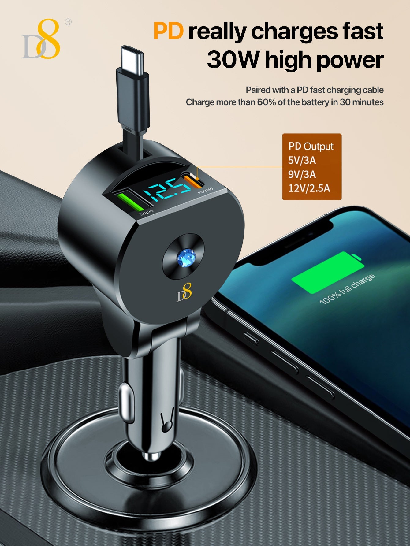 D8 접이식 3in1 차량용 고속충전기 30W USB-C PD + 18W QC3.0 | 3-in-1 케이블 | 접이식 + 리트랙터블 디자인