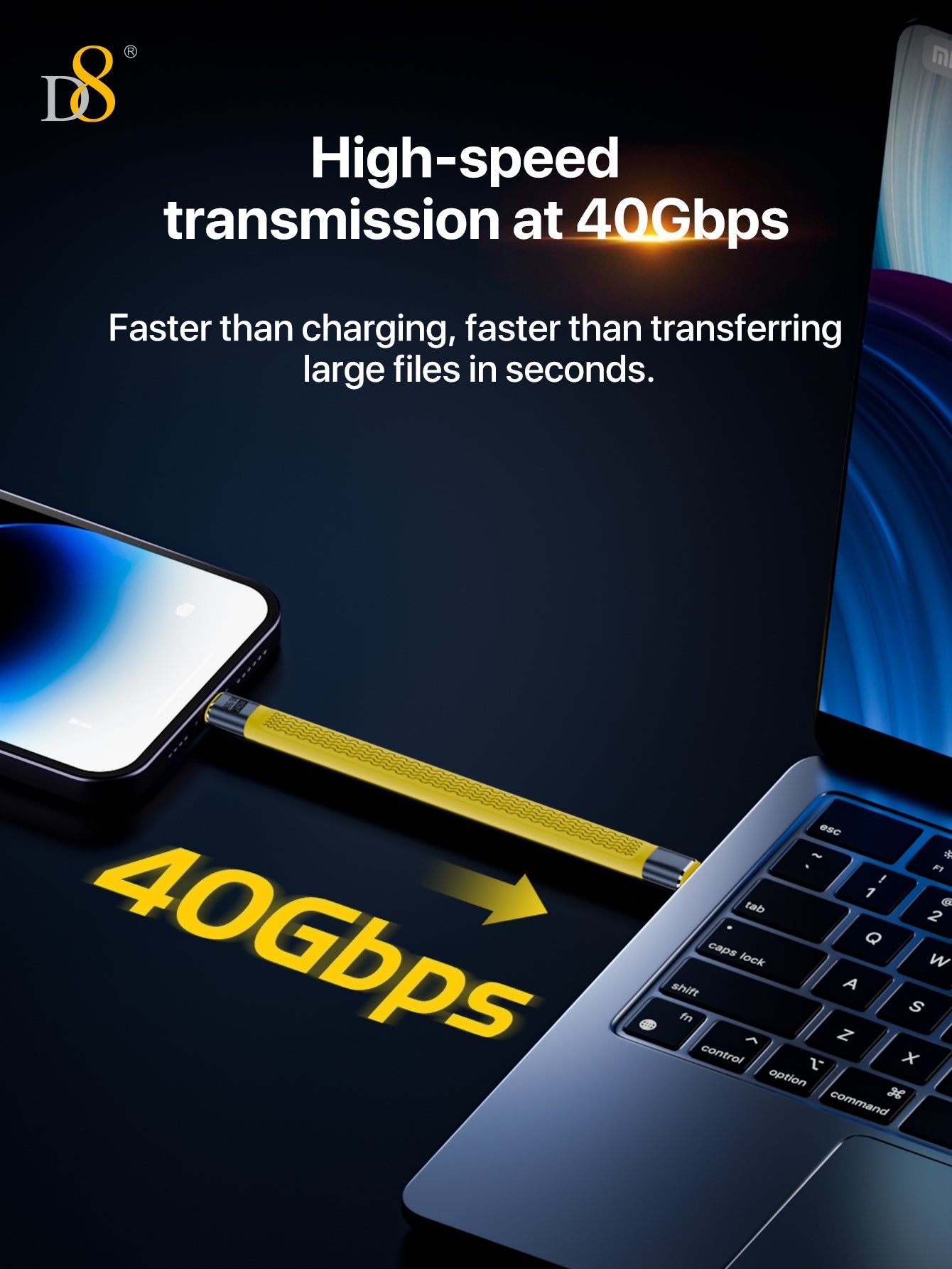 D8 USB4 Type-C 플랫 케이블 (240W/8K/40Gbps/13cm) 240W 고속 충전 | 8K@60Hz 영상 출력 | 40Gbps 초고속 데이터 | 초소형 13cm FPC 플랫 케이블