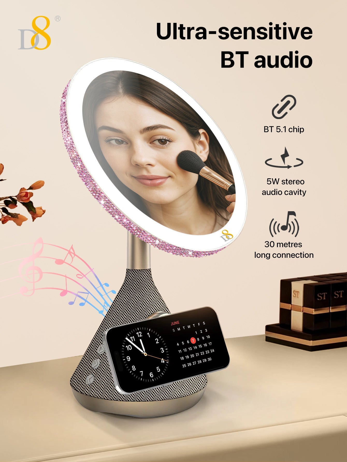 D8 15W 자석식 무선 충전 뷰티 거울 LED 조명 + 블루투스 스피커 + 마그네틱 무선 충전까지! 아이폰과 찰떡궁합인 스마트 뷰티 스테이션