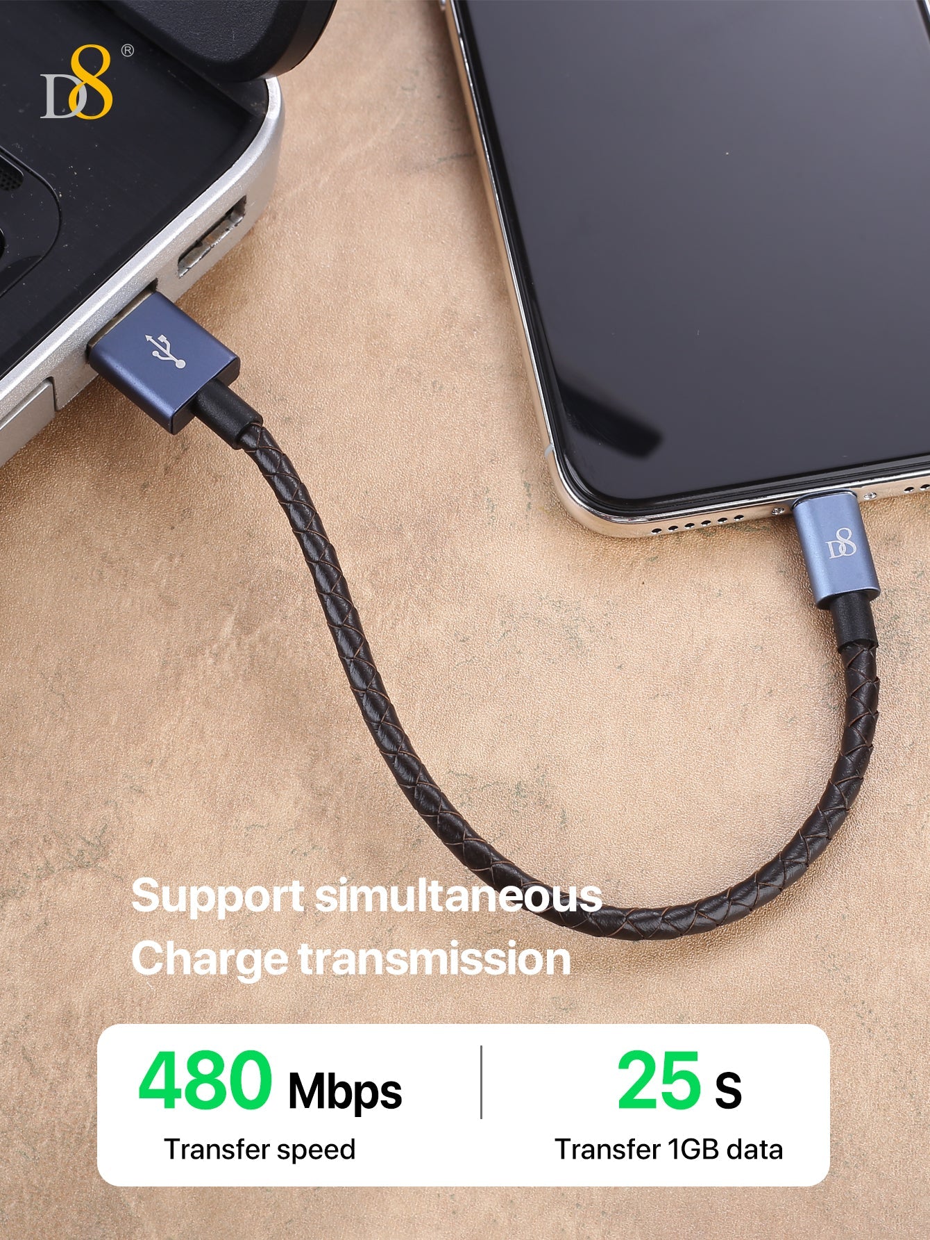 D8 MFi 인증 천연 가죽 Lightning to USB 충전 케이블 Apple 공식 인증 · 프리미엄 가죽 마감 · 빠른 충전 & 데이터 전송