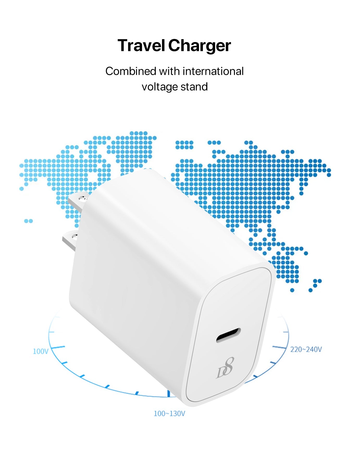 D8 PD 20W USB-C 고속 충전기 세트 아이폰 16/15 시리즈, 아이패드, 갤럭시 전용 | 20W 고속충전 | C to C 케이블 포함