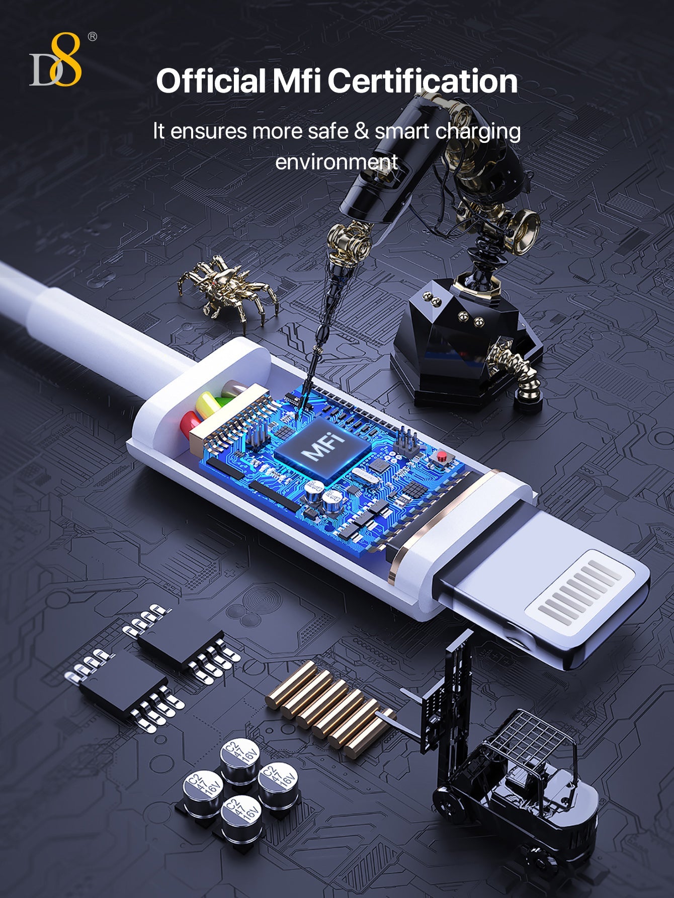 D8 MFi 인증 Type-C to Lightning 고속 충전 케이블 + 20W 듀얼 포트 어댑터 세트 iPhone & iPad 완벽 호환 | PD 고속 충전 | MFi 인증 케이블 포함