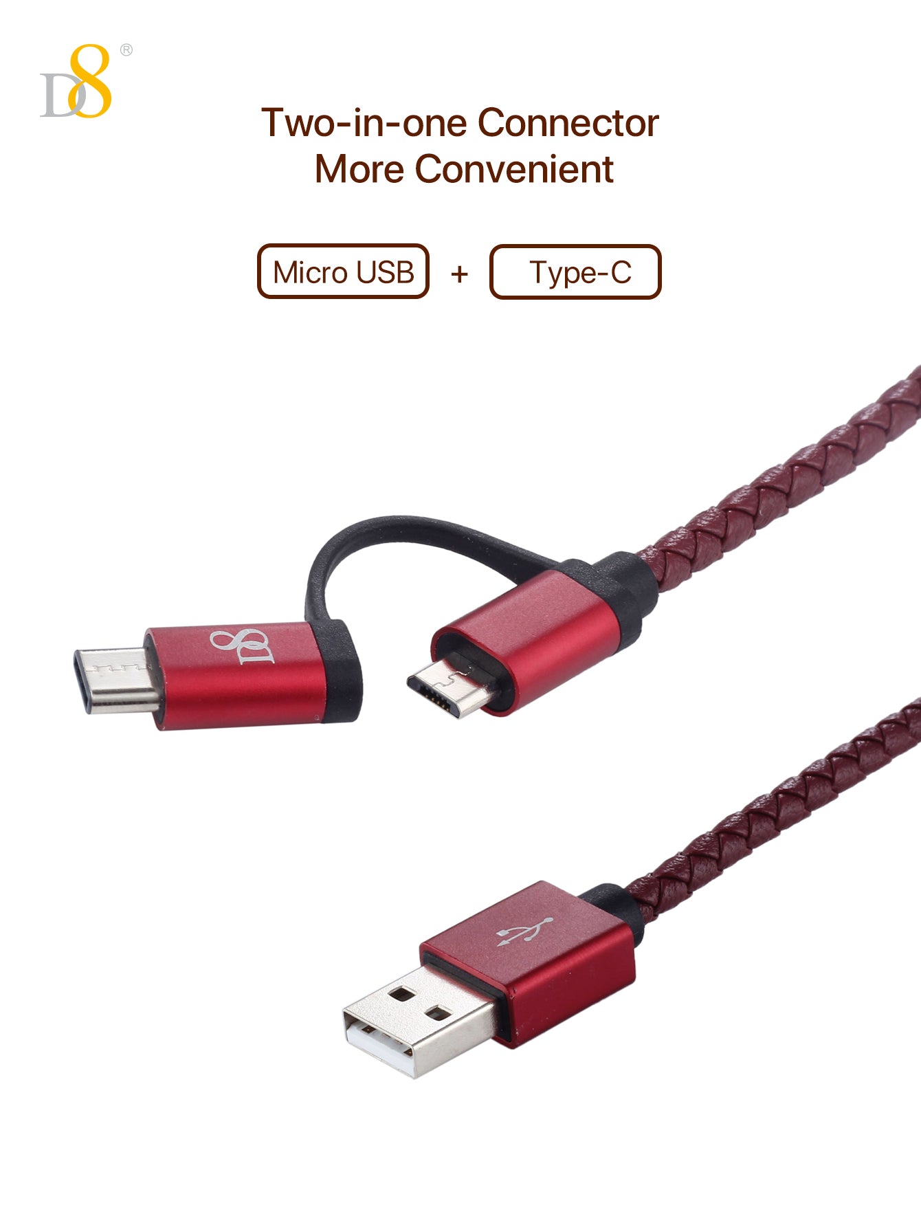 D8 2-in-1 마이크로 & USB-C 충전 케이블 고급 PU 가죽 & 알루미늄 디자인 | 다기능 고속 충전 솔루션