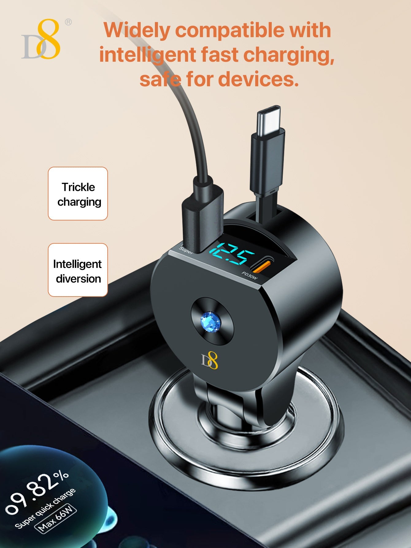 D8 접이식 3in1 차량용 고속충전기 30W USB-C PD + 18W QC3.0 | 3-in-1 케이블 | 접이식 + 리트랙터블 디자인