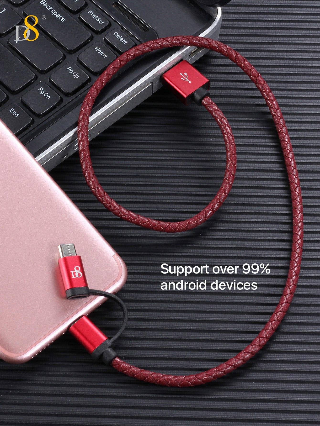 D8 2-in-1 마이크로 & USB-C 충전 케이블 고급 PU 가죽 & 알루미늄 디자인 | 다기능 고속 충전 솔루션