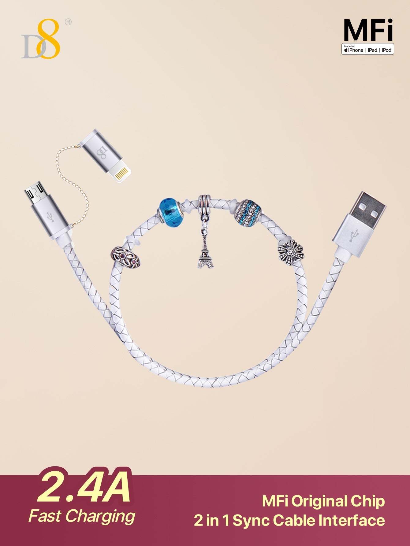 D8 핸드메이드 비즈 충전 케이블 MFi 인증 | 2-in-1 라이트닝 & 마이크로 USB | 수공예 감성 디자인