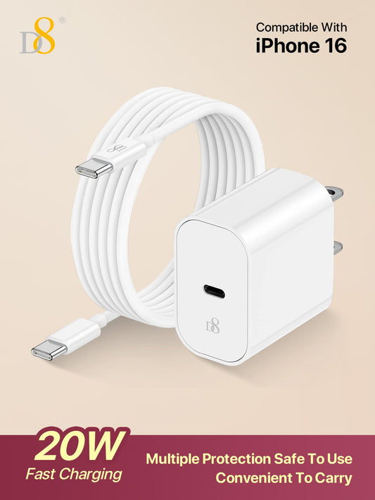 D8 20W USB-C 고속 충전기 PD 고속 충전 | iPhone 16 Pro & iPad Pro 완벽 호환 | 3피트 C to C 케이블 포함