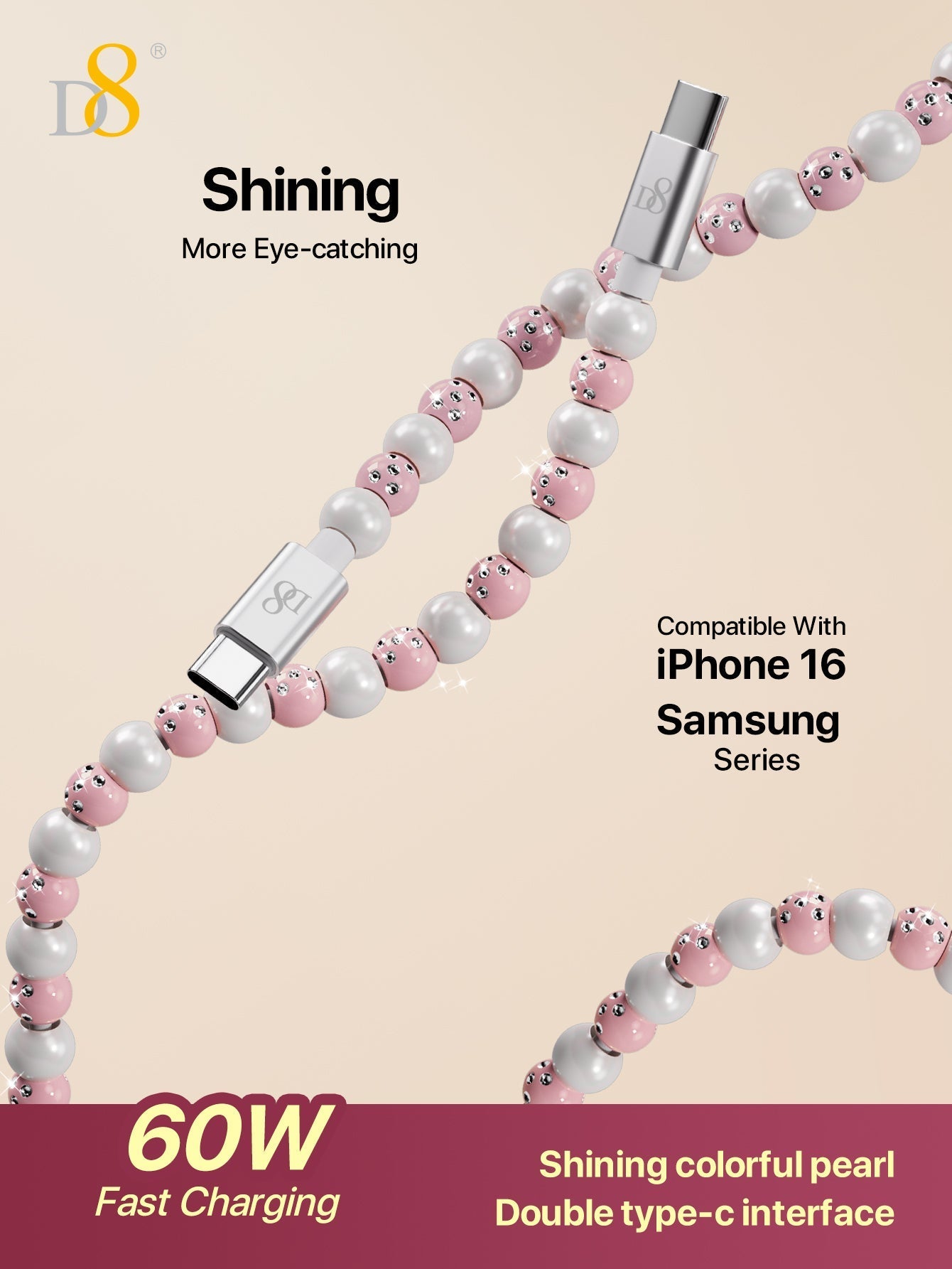 D8 USB-C to C 고속 충전 케이블 (3.3ft / 1M) 최대 60W PD 지원 / 비즈 브레이디드 내구성 / 아이폰 15 & 갤럭시 S22 완벽 호환