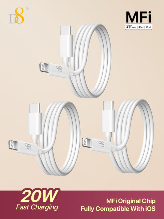 D8 MFi 인증 아이폰 충전 케이블 3개입 USB-C to Lightning / 2.4A 고속충전 / 1m 길이 / 아이폰·아이패드 호환