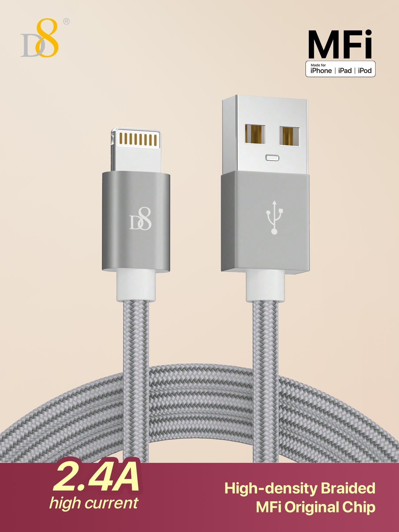 D8 프리미엄 나일론 라이트닝 케이블 3.3ft / MFi 공식 인증 / 빠른 충전 & 데이터 전송 / iPhone·iPad 전용