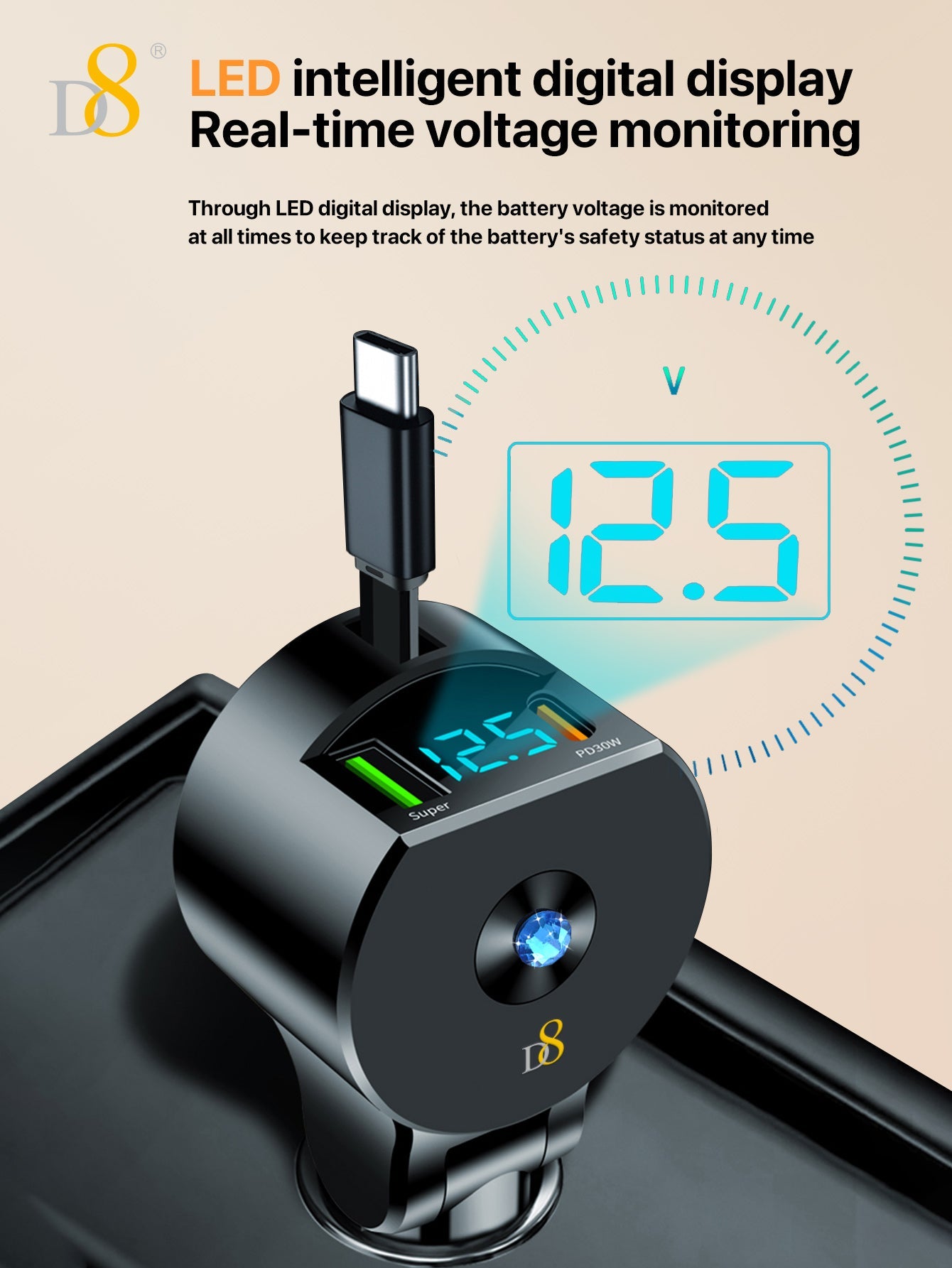 D8 접이식 3in1 차량용 고속충전기 30W USB-C PD + 18W QC3.0 | 3-in-1 케이블 | 접이식 + 리트랙터블 디자인