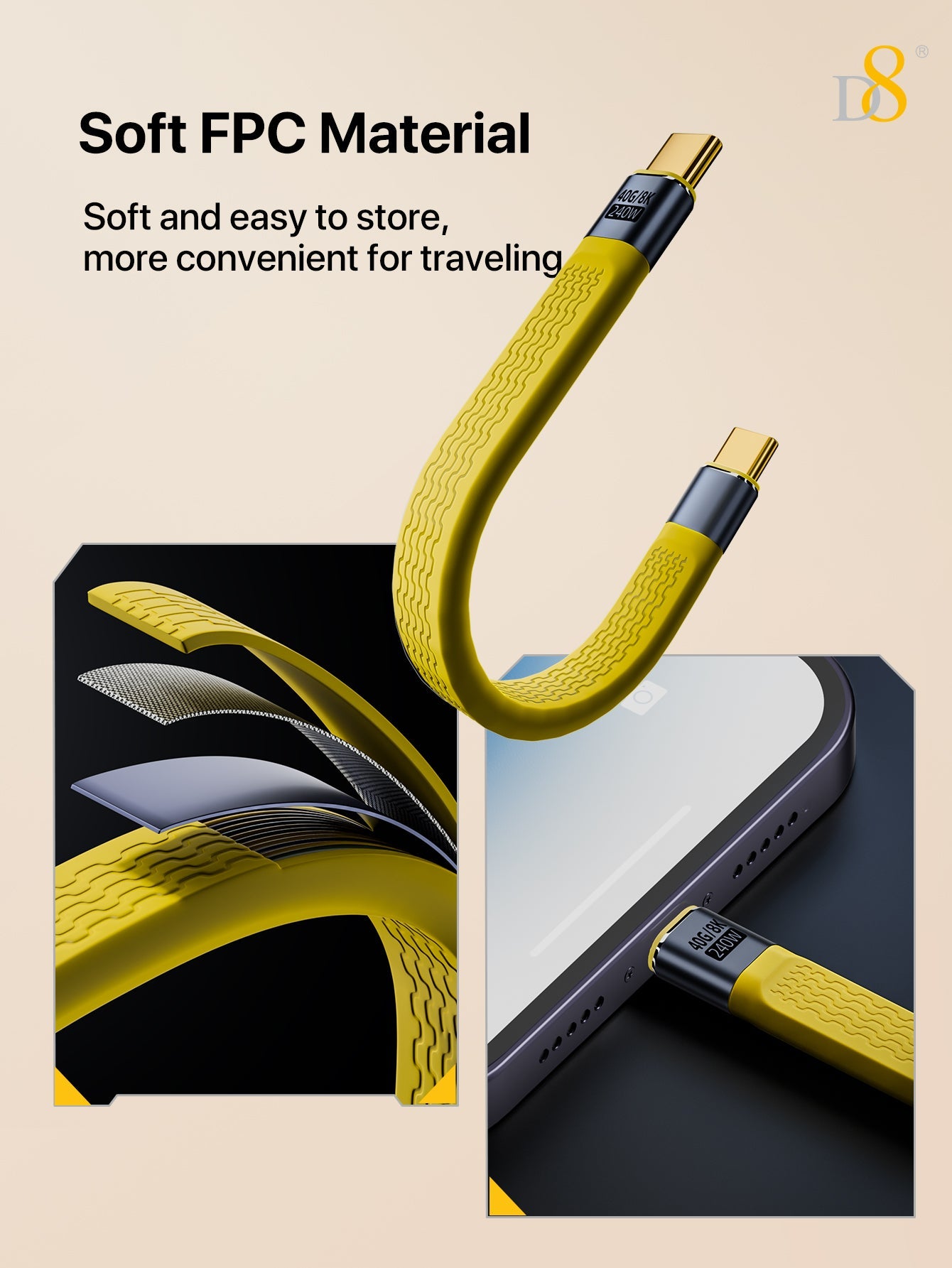 D8 USB4 Type-C 플랫 케이블 (240W/8K/40Gbps/13cm) 240W 고속 충전 | 8K@60Hz 영상 출력 | 40Gbps 초고속 데이터 | 초소형 13cm FPC 플랫 케이블