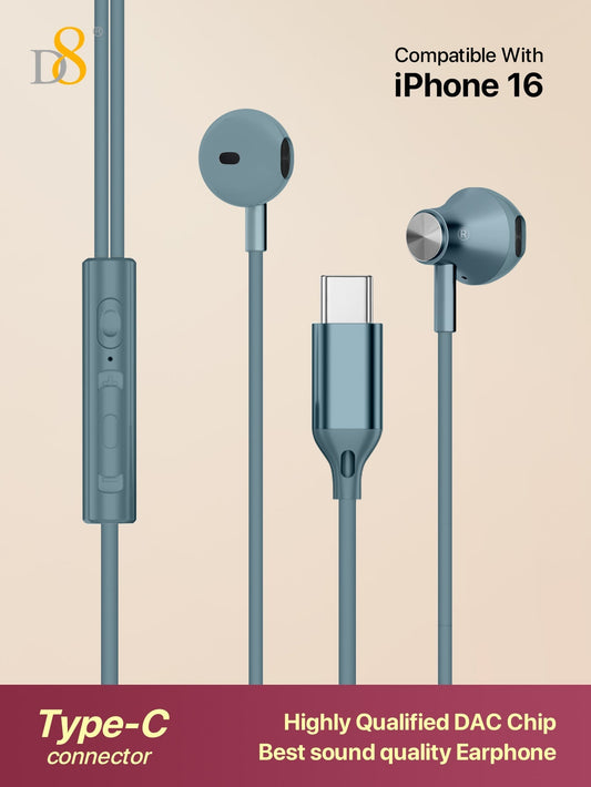 D8 USB-C 인이어 이어폰 HiFi 스테레오 사운드 & 핸즈프리 통화 아이폰 16, 갤럭시 S23, 아이패드 완벽 호환!