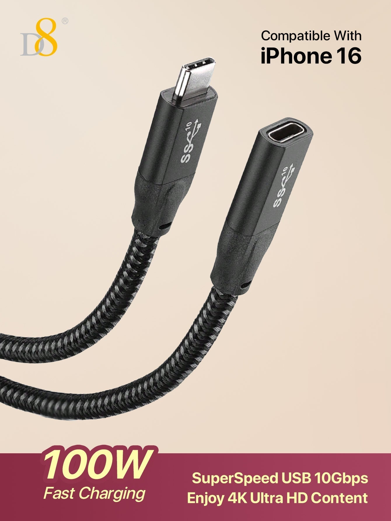 D8 USB 3.1 Type-C 연장 케이블 (수-암) 10Gbps 초고속 전송 | 4K UHD 지원 | iPhone 16 & iPad Pro 호환 | 내구성 강화 | 범용 확장 케이블