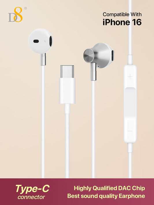 D8 USB Type-C 유선 이어폰 (마이크 & 볼륨 조절 탑재) iPhone 16 / iPad Pro / Galaxy S23 등 최신 USB-C 기기 완벽 호환
