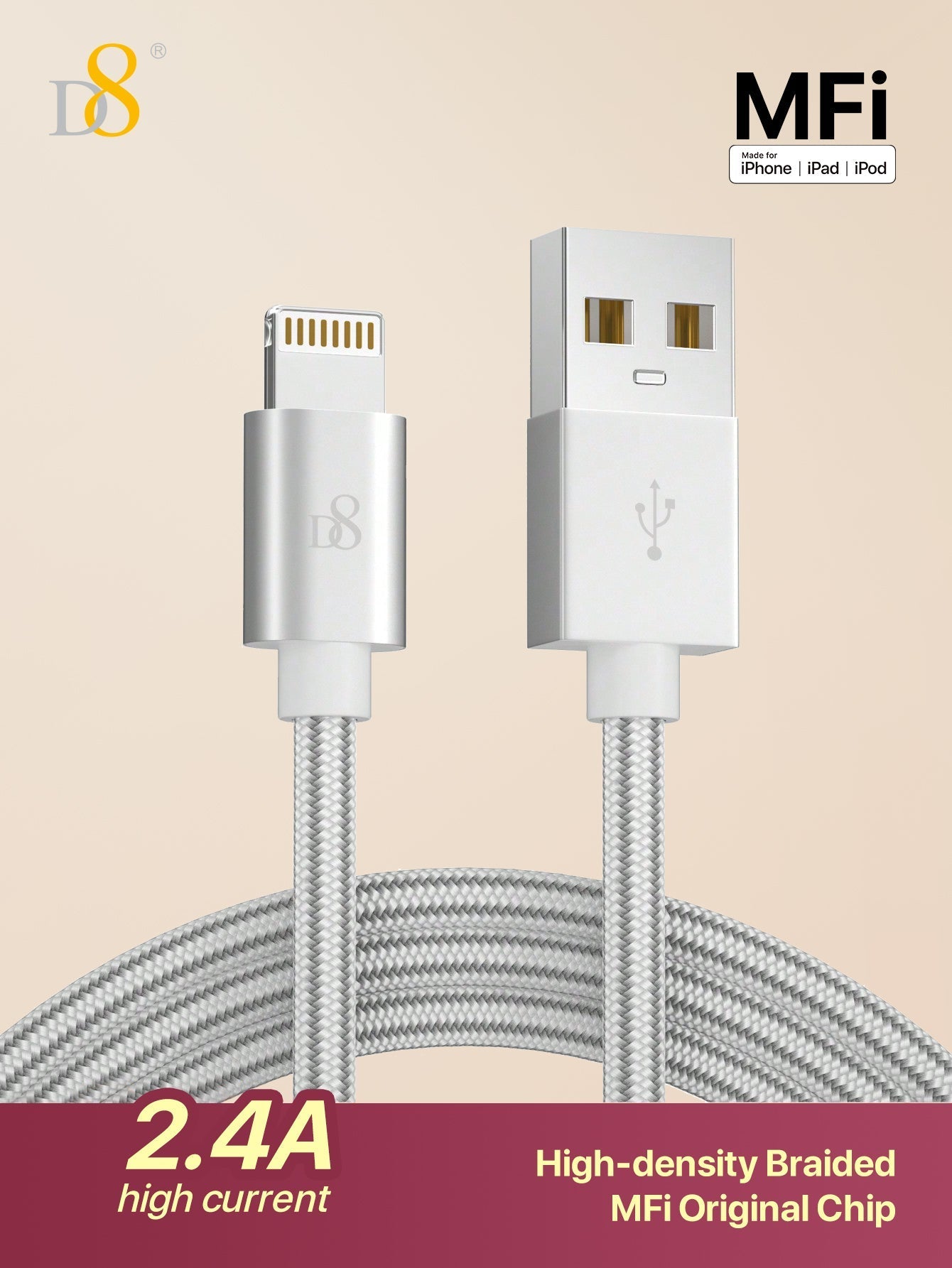 D8 프리미엄 나일론 라이트닝 케이블 3.3ft / MFi 공식 인증 / 빠른 충전 & 데이터 전송 / iPhone·iPad 전용