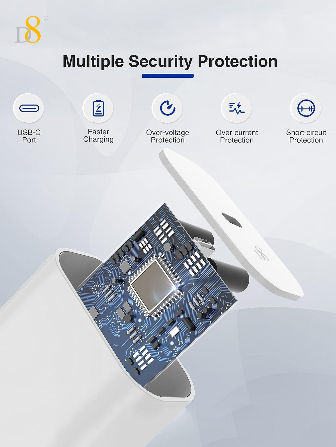 D8 PD 20W 초고속 USB-C 단일 포트 충전기 아이폰·안드로이드·아이패드 호환 | 미국형 플러그 | 초소형 고속충전기