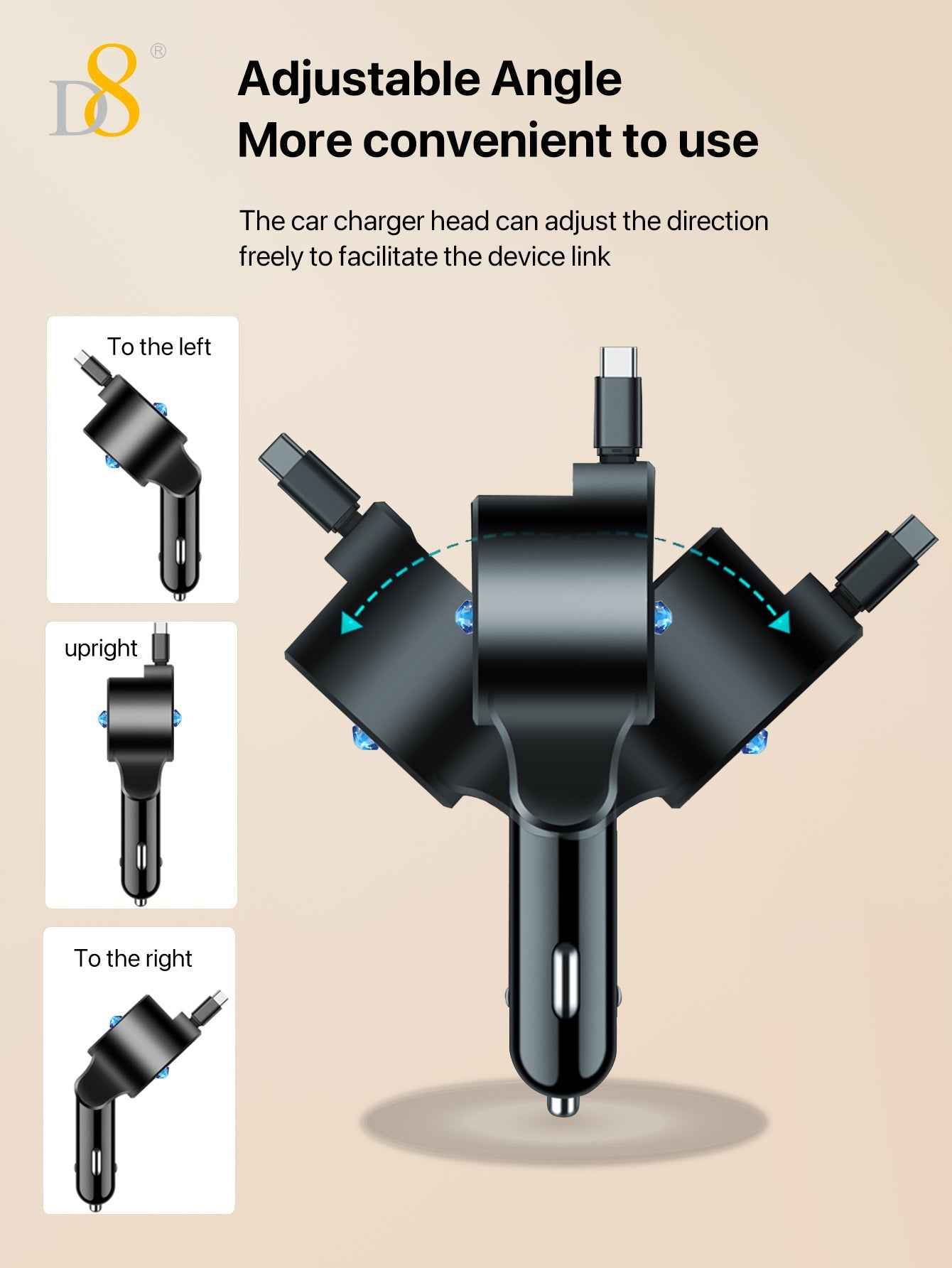 D8 접이식 3in1 차량용 고속충전기 30W USB-C PD + 18W QC3.0 | 3-in-1 케이블 | 접이식 + 리트랙터블 디자인