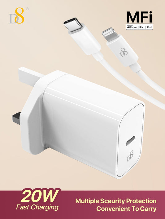 D8 20W USB-C 초고속 충전기 세트 MFi 인증 / 1m USB-C to 라이트닝 케이블 포함 / 아이폰 & 아이패드 고속 충전