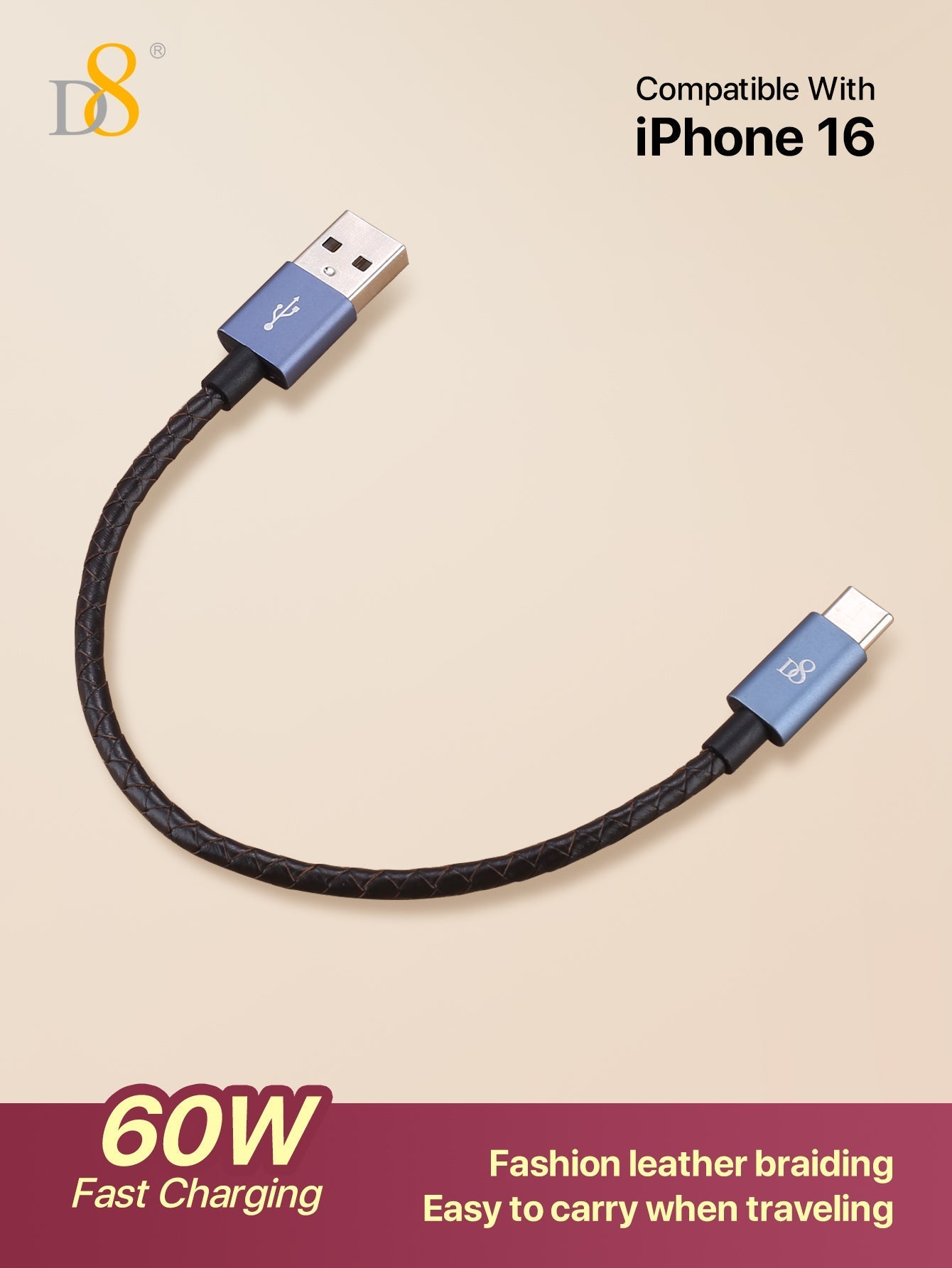 D8 프리미엄 천연 가죽 USB-C 고속 충전 케이블 (0.2m / 60W) 스타일과 속도 모두를 갖춘 초슬림 타입 | USB-A to USB-C | iPhone·Galaxy·Moto 호환