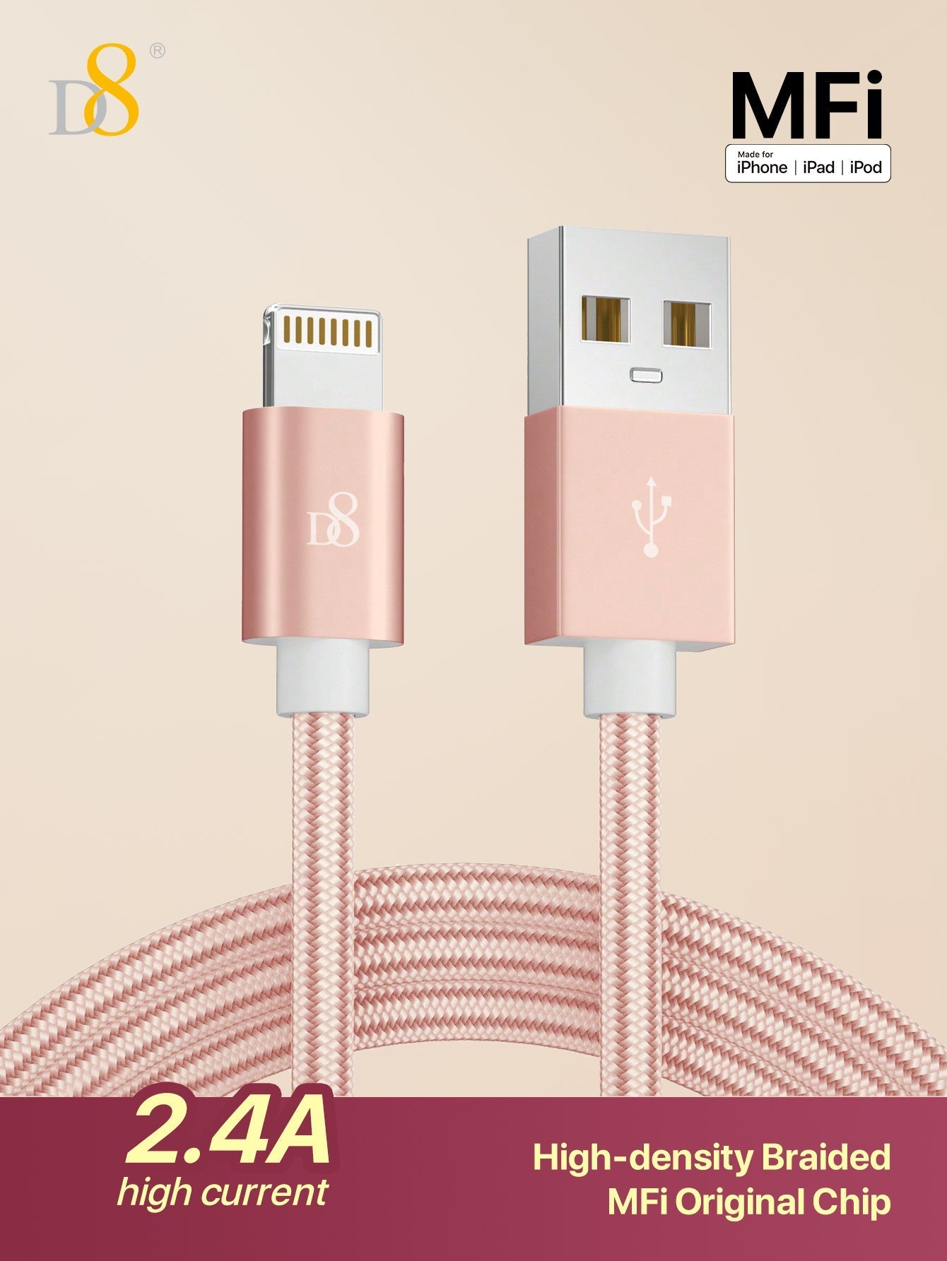 D8 프리미엄 나일론 라이트닝 케이블 3.3ft / MFi 공식 인증 / 빠른 충전 & 데이터 전송 / iPhone·iPad 전용