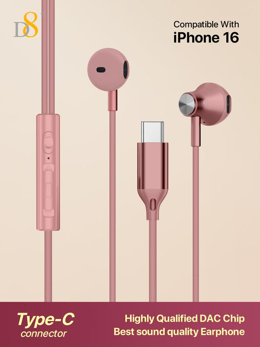 D8 USB-C 인이어 이어폰 iPhone 16 / iPad / Galaxy 시리즈 호환 | Hi-Fi 사운드 | 마이크 & 볼륨 컨트롤 탑재