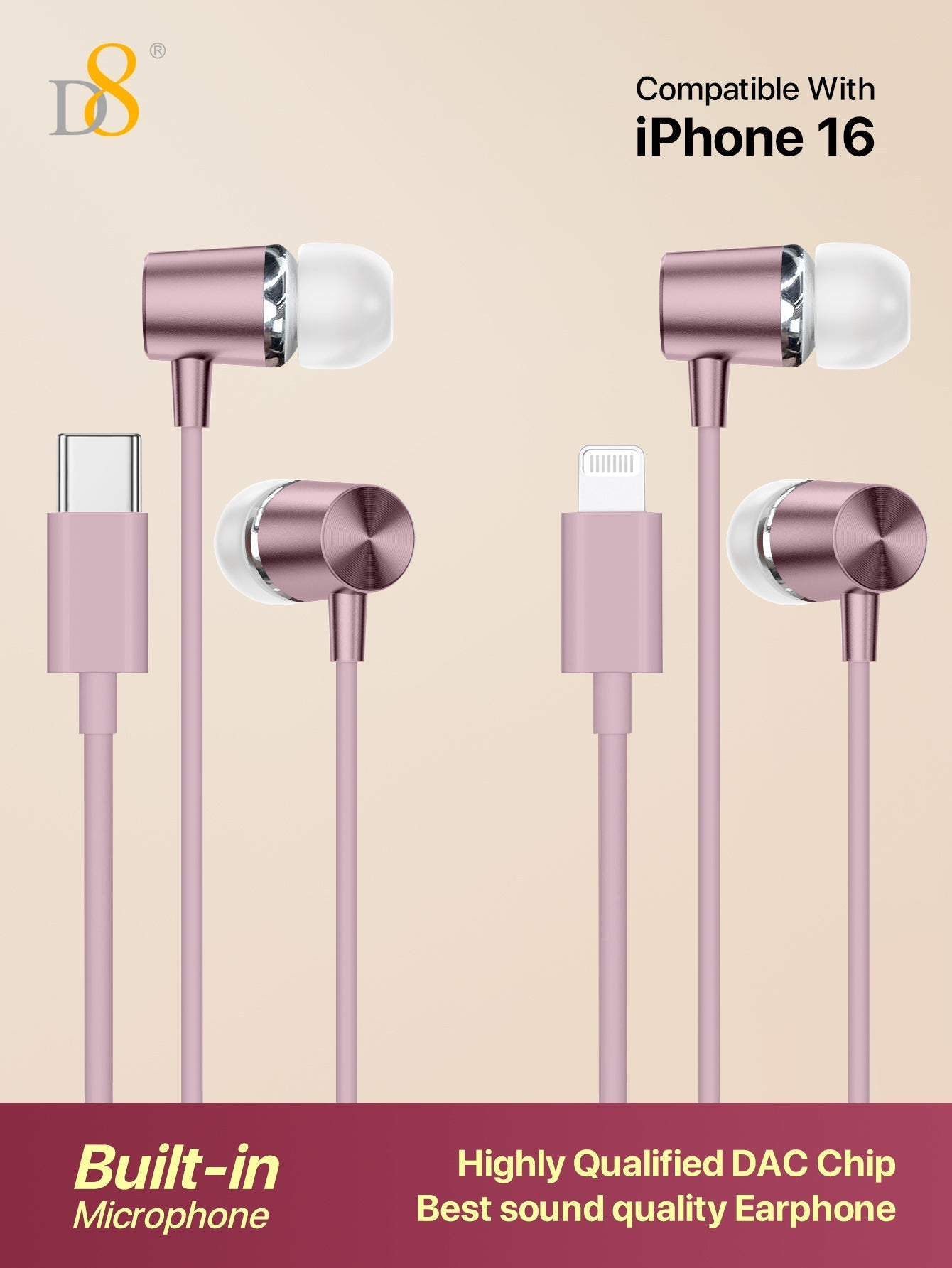 D8 MFi 라이트닝 & USB-C 유선 이어폰 (2개 세트) 아이폰 & 안드로이드 완벽 호환 | 마이크 & 리모컨 내장 | Hi-Fi 스테레오 사운드