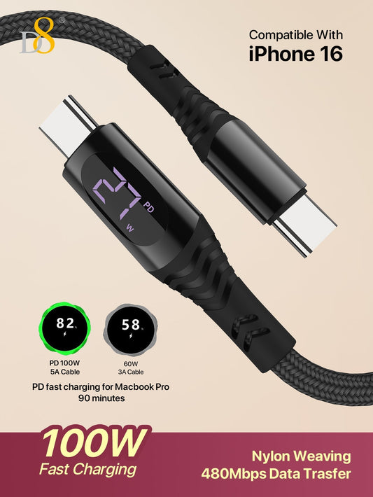 D8 USB-C to USB-C 고속 충전 케이블 100W/5A PD / LED 실시간 전력 표시 / 나일론 꼬임 방지 / 1.2M 길이