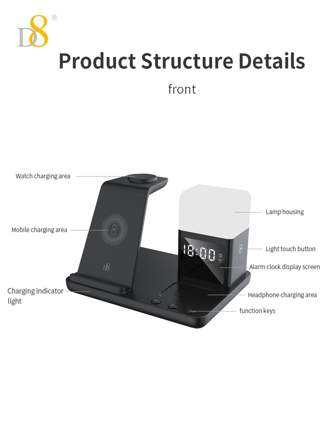 D8 3-in-1 무선 충전 스테이션 iPhone · Apple Watch · AirPods 동시 고속 충전 + LED 무드등