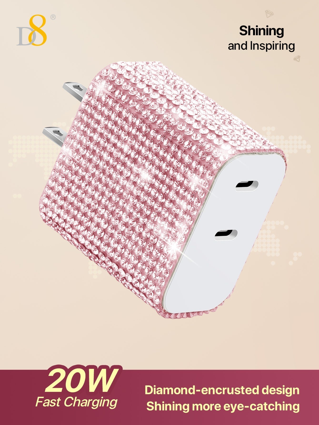 D8 듀얼 USB-C 고속 충전기 (20W PD) 크리스탈 장식 디자인 | 아이폰 & 갤럭시 고속 충전 | 2대 동시 충전 지원