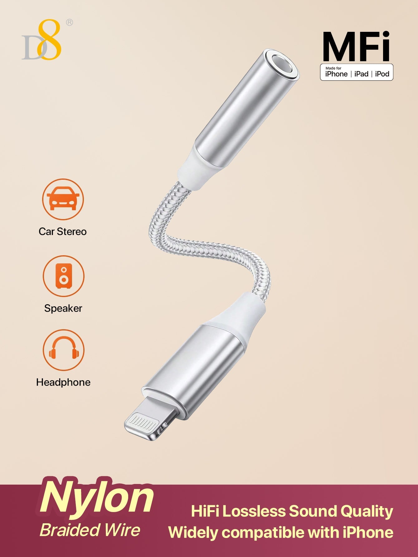 D8 라이트닝 to 3.5mm 헤드폰 어댑터 Apple MFi 인증 | 고음질 무손실 오디오 | 초경량 휴대용 | 아이폰 전 기종 호환