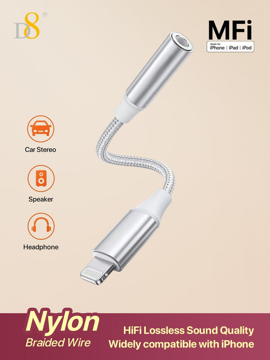 D8 라이트닝 to 3.5mm 헤드폰 어댑터 Apple MFi 인증 | 고음질 무손실 오디오 | 초경량 휴대용 | 아이폰 전 기종 호환