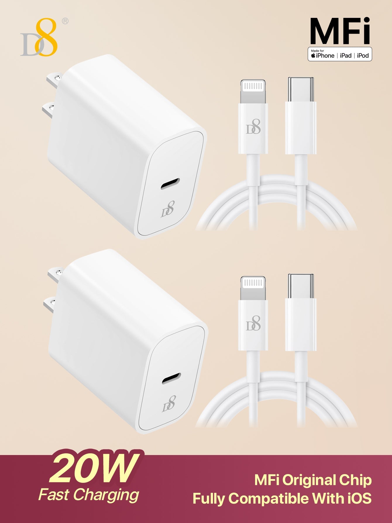 D8 20W PD USB-C 충전기 2팩 + 3.3FT 고속 충전 케이블 세트 MFi 인증 | iPhone & iPad 고속 충전 | 2배의 편리함