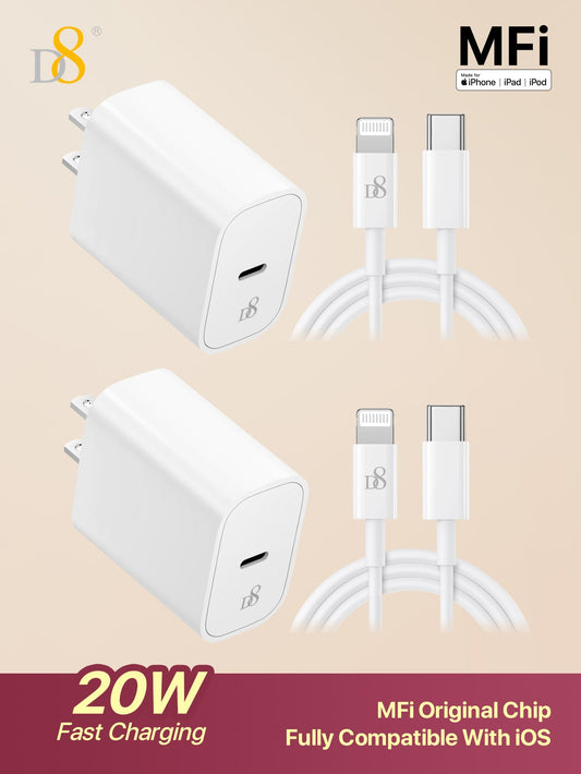 D8 20W PD USB-C 충전기 2팩 + 3.3FT 고속 충전 케이블 세트 MFi 인증 | iPhone & iPad 고속 충전 | 2배의 편리함
