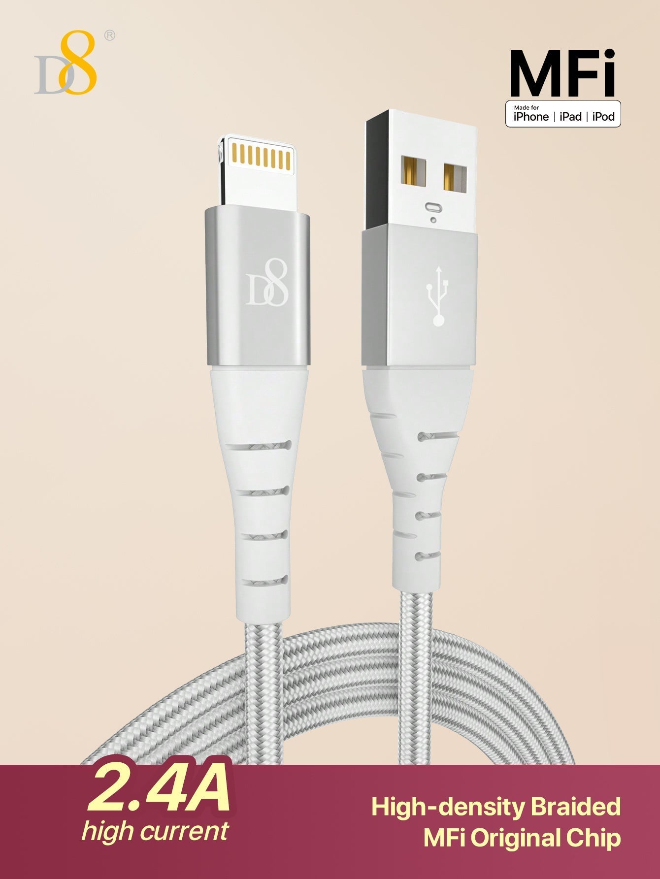 D8 라이트닝 고속 충전 데이터 케이블 iPhone / iPad 전용 | 고속 충전 | 빠른 동기화 | 고내구성