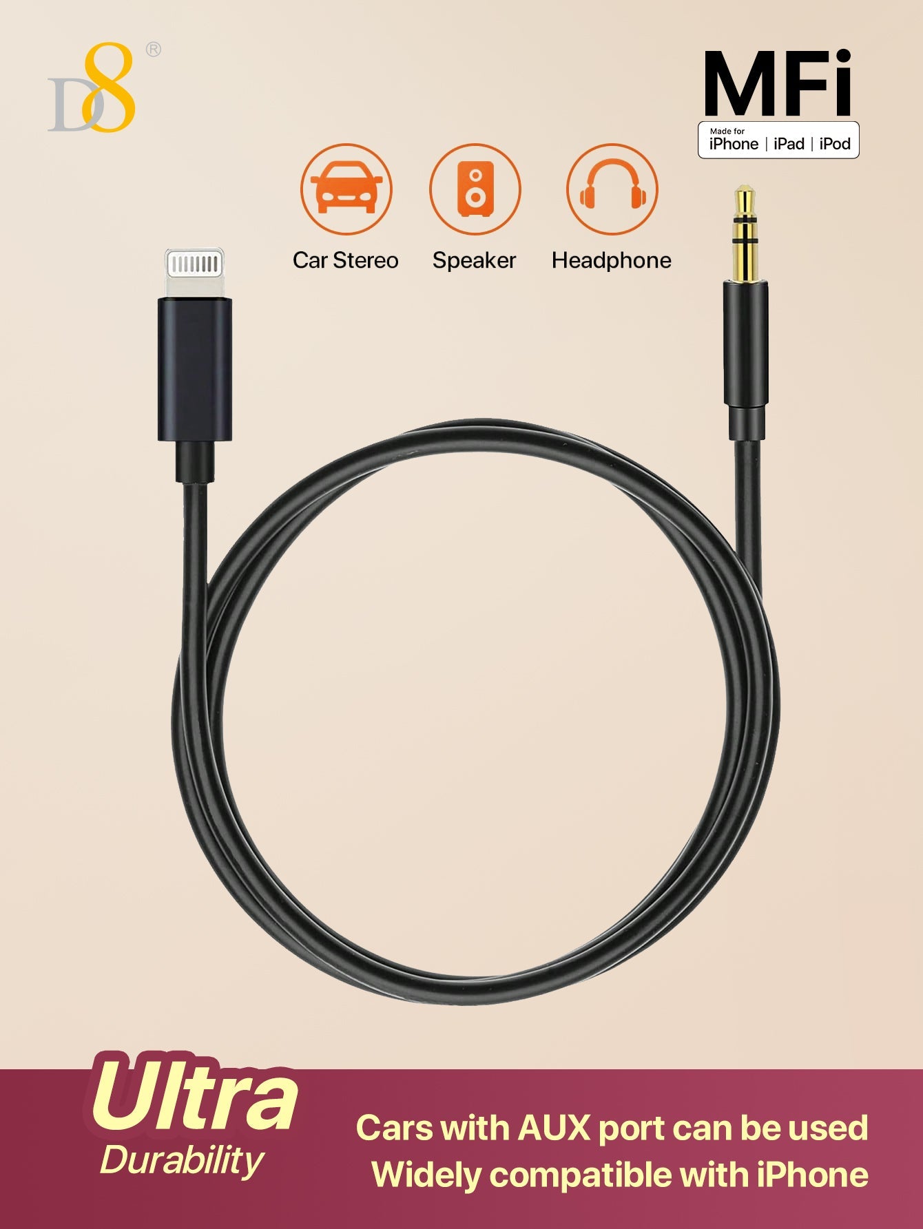 D8 아이폰 AUX 오디오 케이블 iPhone 전용 라이트닝 to 3.5mm 오디오 케이블 | 고음질 사운드, 차량/스피커/헤드폰 호환