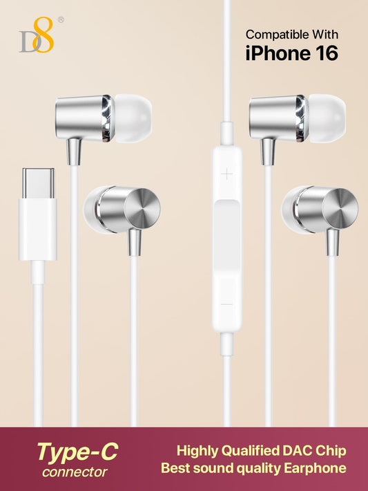 D8 USB-C 유선 이어폰 [2개입] – 마이크 & 볼륨 조절 탑재 / 고음질 인이어 이어폰 / 아이폰 15 & 갤럭시 호환 –  고음질 + 실용성 + 호환성까지, 모두 갖춘 2개입 세트!