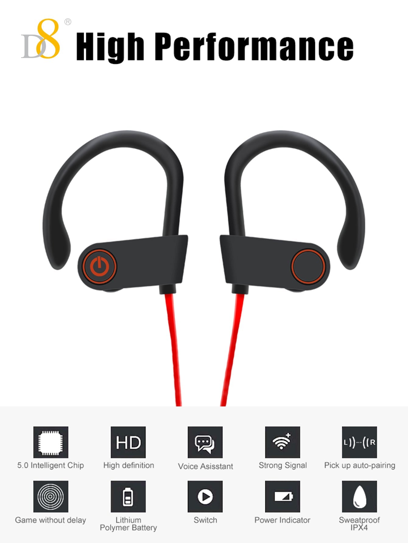 D8 스포츠 무선 이어버드 HD 고음질 사운드 + 10시간 연속 재생 + Bluetooth 5.3
