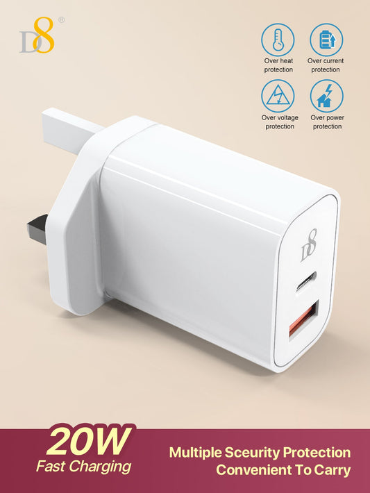 D8 20W PD + QC 3.0 듀얼 포트 USB-C 고속 충전기 아이폰 15 · 아이패드 · 갤럭시 · 에어팟 등 전기기기 호환 | 고속충전 | 휴대성 뛰어남