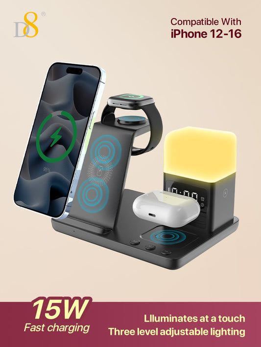 D8 3-in-1 무선 충전 스테이션 iPhone · Apple Watch · AirPods 동시 고속 충전 + LED 무드등