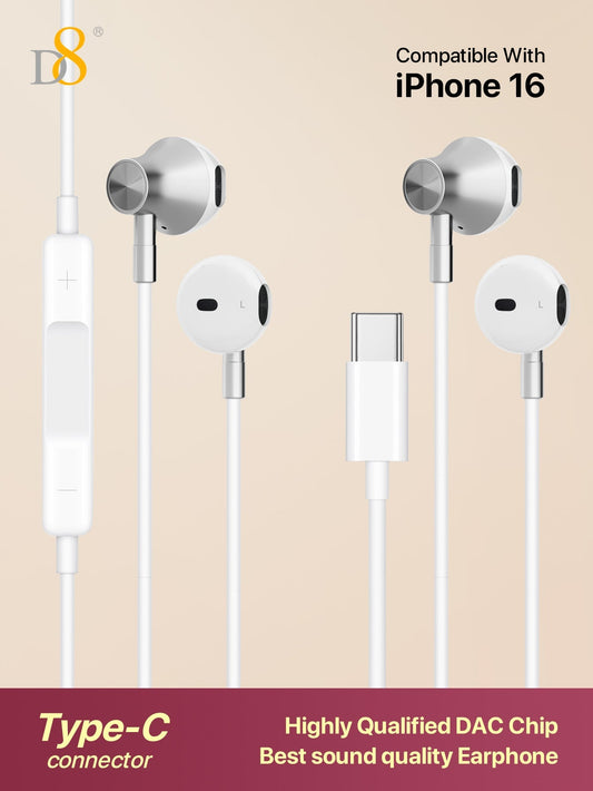 D8 USB Type-C 인이어 이어폰 (2개입)  볼륨 조절 &amp; 마이크 내장 | iPhone 16, iPad, Galaxy S23 호환 | 노이즈 차단 설계