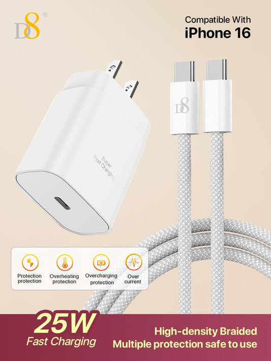 D8 아이폰 15 고속 충전기 1팩 25W USB-C 충전기 + 3.3FT(1m) 케이블 세트 아이폰 16/15, 아이패드, 갤럭시 완벽 호환