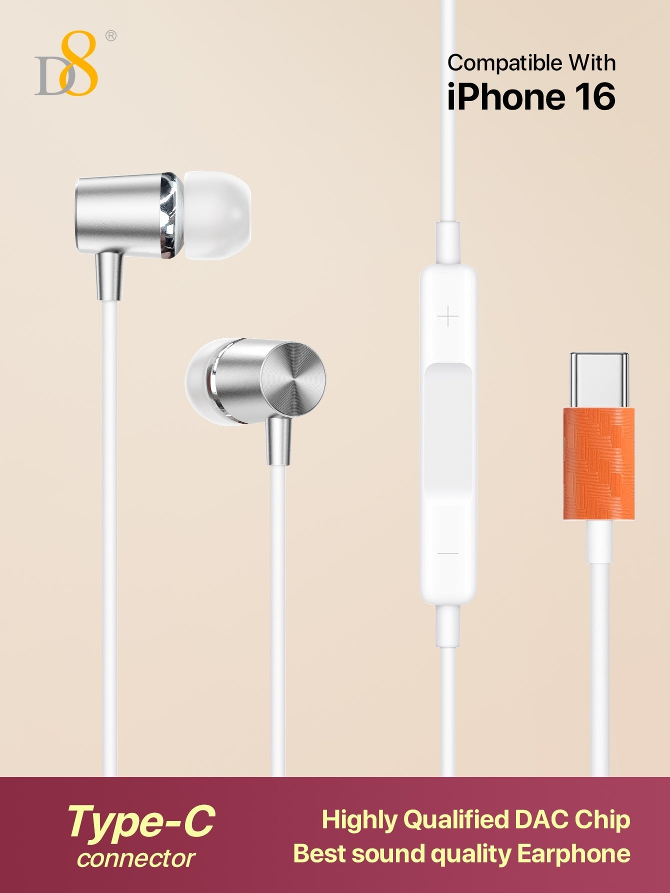 D8 USB-C 인이어 이어폰 마이크 & 볼륨 조절 탑재 | iPhone 16 Pro, Galaxy, iPad 호환 | 고음질 스테레오 사운드